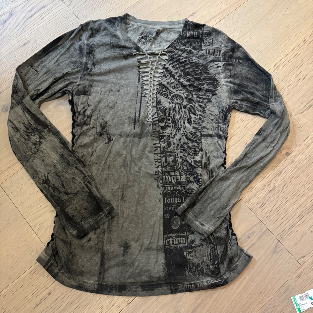 Affliction Womens XL Gray Live Fast Lace Up Graphic Long Sleeve Y2K‎ Grunge Top